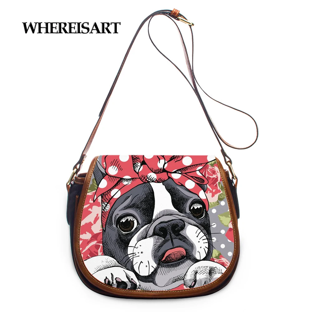 

WHEREISART Cute Boston Terrier Printed PU Leather Shoulder Bag for Women Ladies Crossbody/Messenger Saddle Bag Top-handle Bag