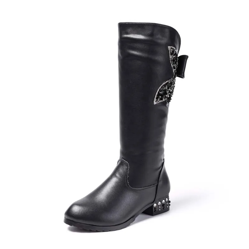 Большие size28-40; сезон осень-зима; новые ботинки для девочек; коллекция года; детская обувь на высоком каблуке; обувь принцессы с бриллиантовым бантом; детские зимние ботинки для студентов - Цвет: Черный