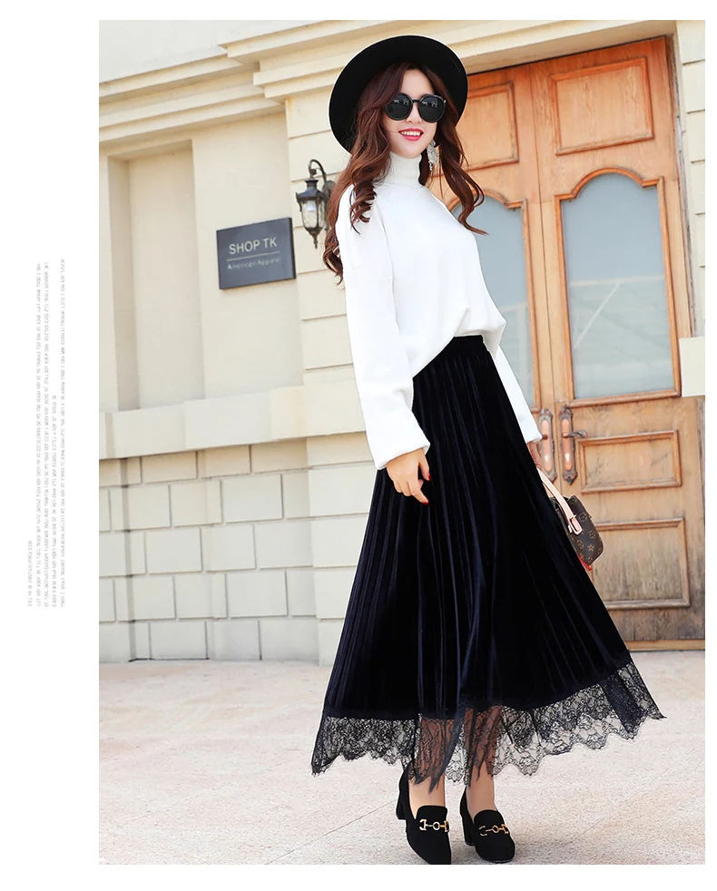 REALEFT Для женщин элегантные, кружевные, Лоскутные Бархатные длинные плиссированные юбки Высокая талия Harajuku Расклешенная юбка из тюля с женский осень-зима