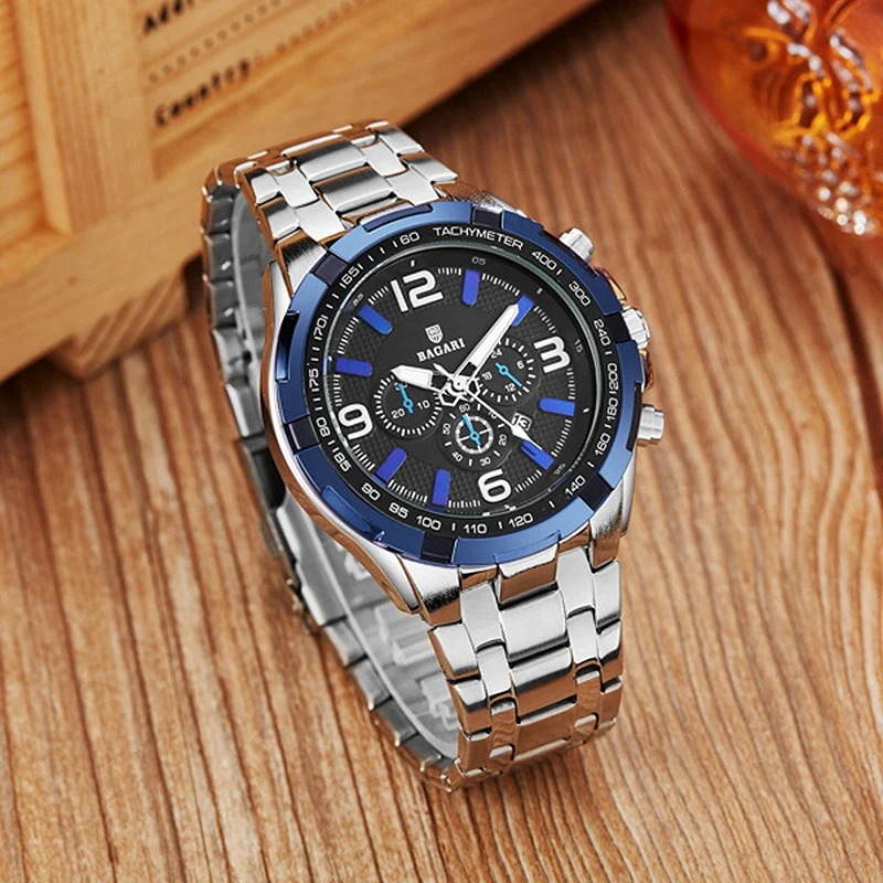 

BAGARI men's belt silver belt blue character luxury sports luminous ultra-thin dial quartz watch