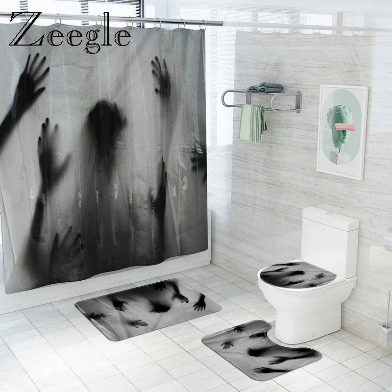 Printed Waterproof Shower Curtain with Bath Mat Bathroom Carpet Shower Foot Mat Washable Bath Curtain