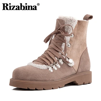 

Rizabina Real Leather Women Ankle Boots Fashion Cross Strap Winter Shoes Woman Platform Warm Fur Short Boot Footwear Size 33-41