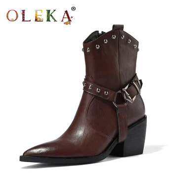 

OLEKA Mid-calf Winter Boots Square Heel Narrow Band Pointed Toe Ladies Winter Boots Punk Style Motorcycle Boots New AS602