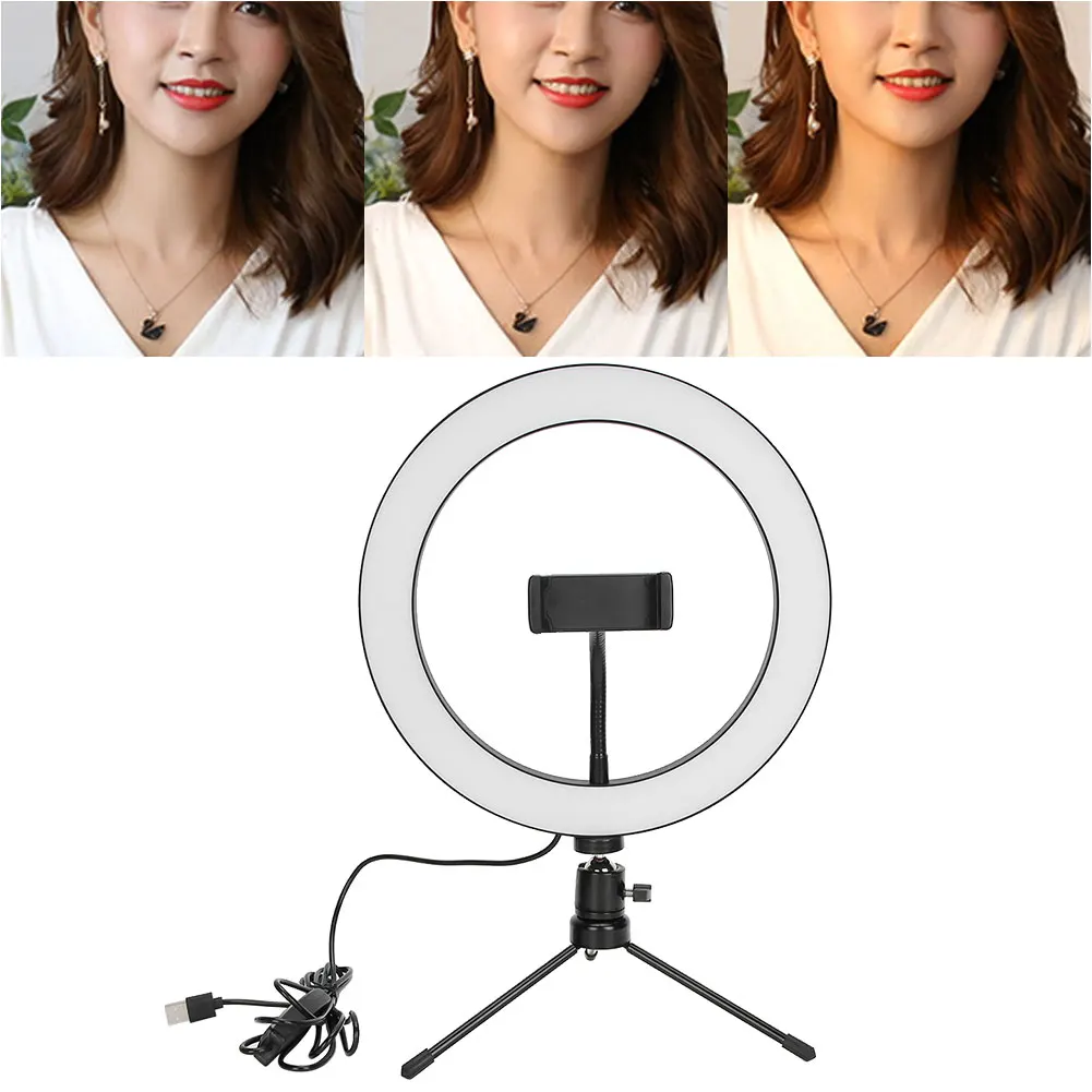 3 Colors Dimmable LED Live Streaming Photography USB Selfie Beauty Desktop Light Ring Light with Tripod Stand Phone Clamp Mount compact 80w studio led continuous video light 5600k brightness adjustable bowens mount for live streaming video recording portrait product wedding photography