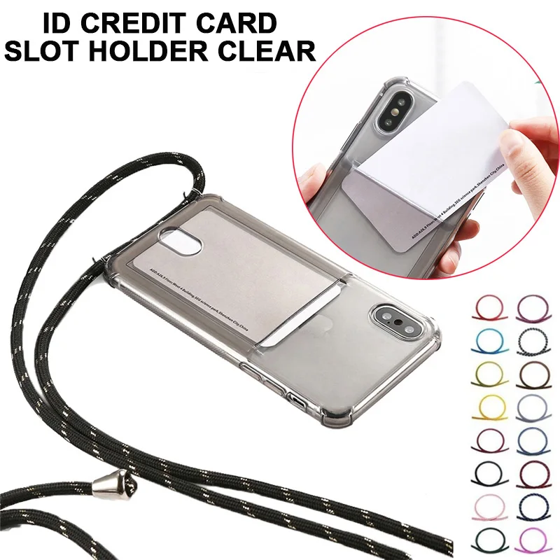 

Credit Card Slot Holder Clear Phone Case For iPhone 11 Pro Max X XR XS Max 6 7 8 Plus Chain Necklace Lanyard Soft TPU Case