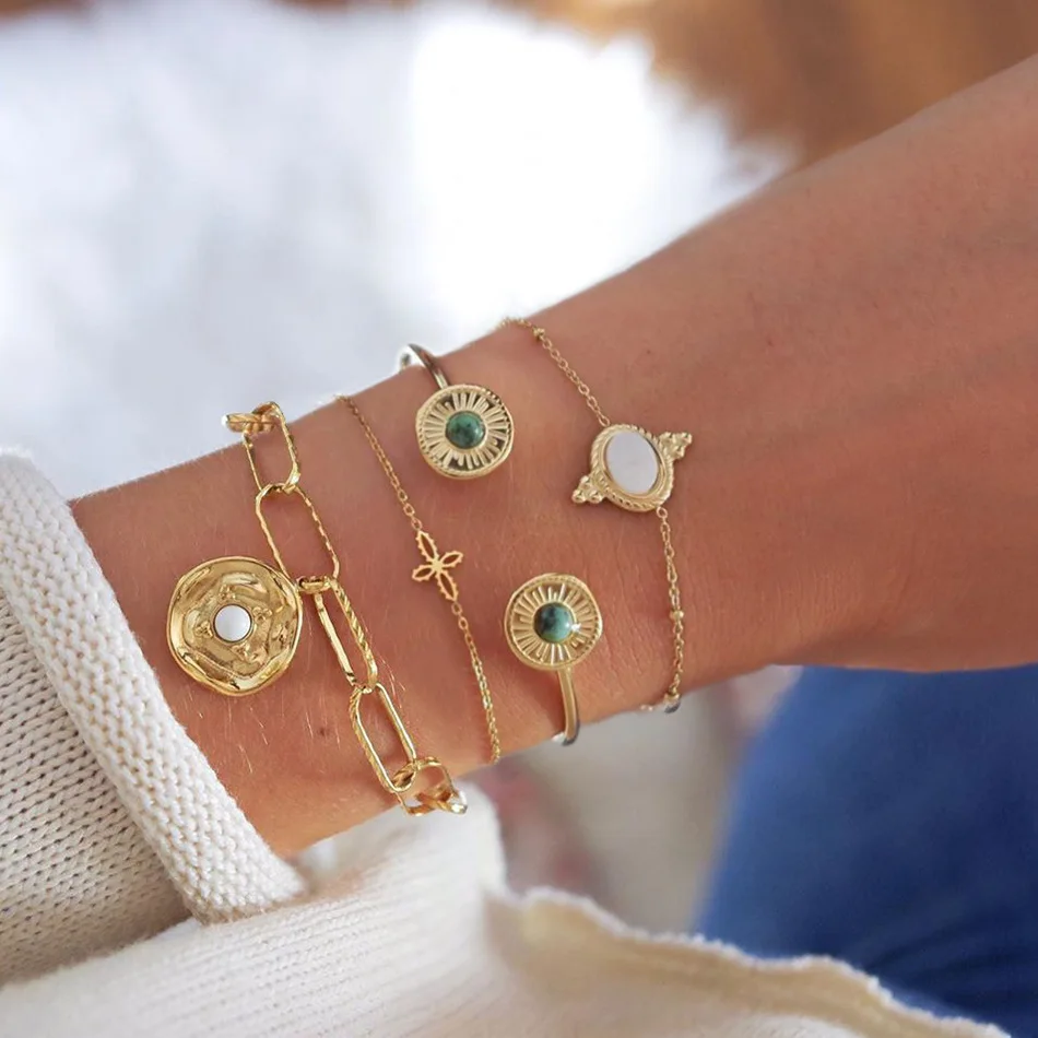 

4 Pcs/set Simple Vintage Bracelets Classic Golden Geometric Gem Disc Chain Bangle Bracelet For Women Wedding Gifts Jewelry
