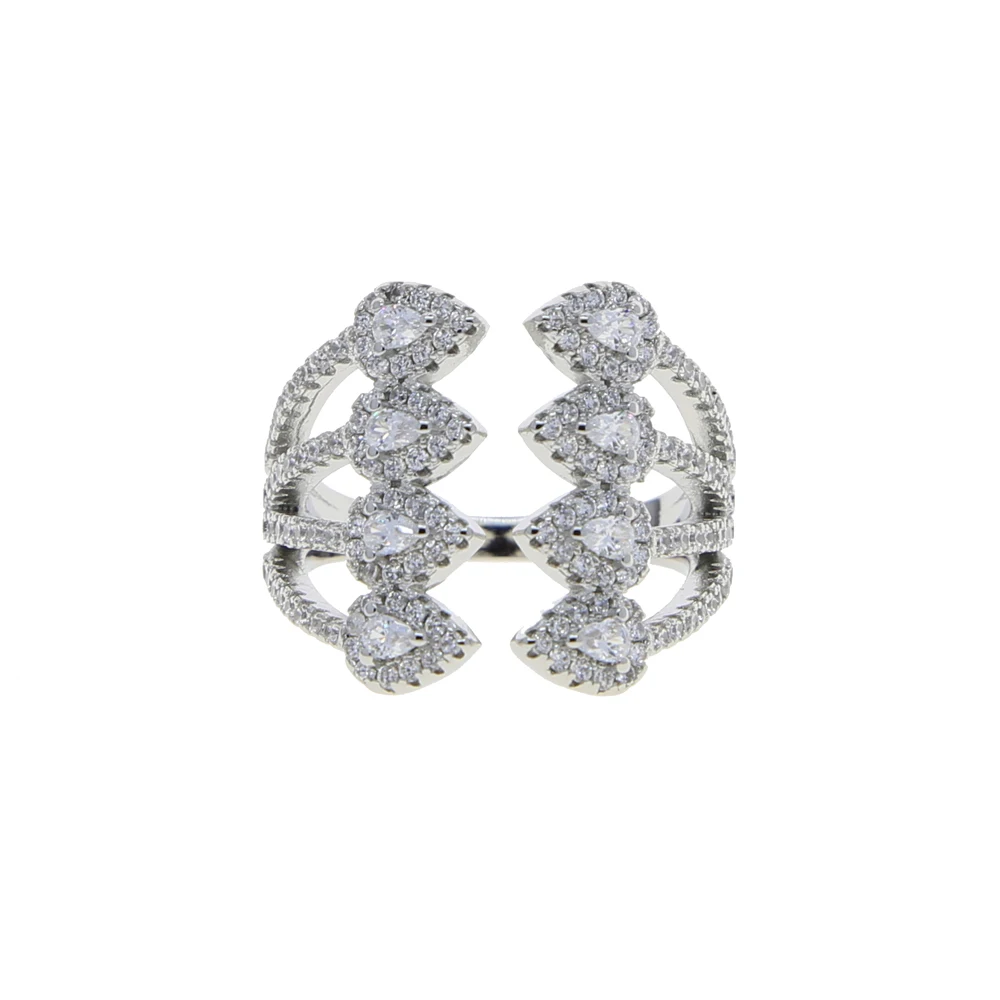 5A Cubic Zirconia Iced Out Bling Tear Drop CZ Rose Silver Color Open Adjusted Full Finger Ring For Women
