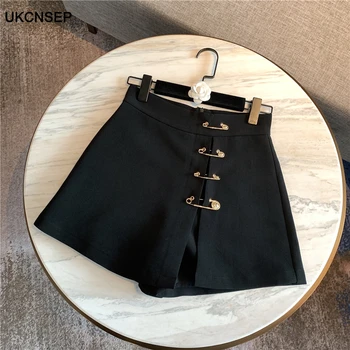 

UKCNSEP 2020 New Fashion Asymmetrical Patchwork Pins Short High Waist Casual Black Shorts