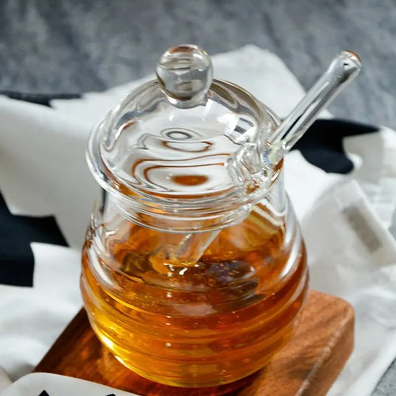 Clear 9 Ounces Gaetooely Transparent glass honey jar with lid Honey Jar with Dipper 