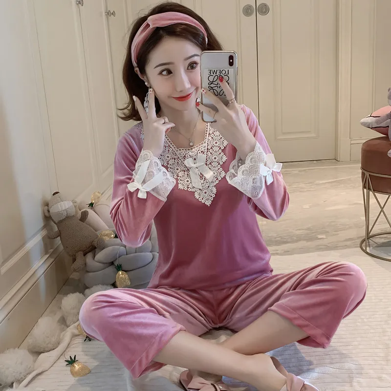 

512 # Autumn & Winter Gold Velvet Pajamas Women's Winter Korean-style Lace Women's Tracksuit Pajamas Suit