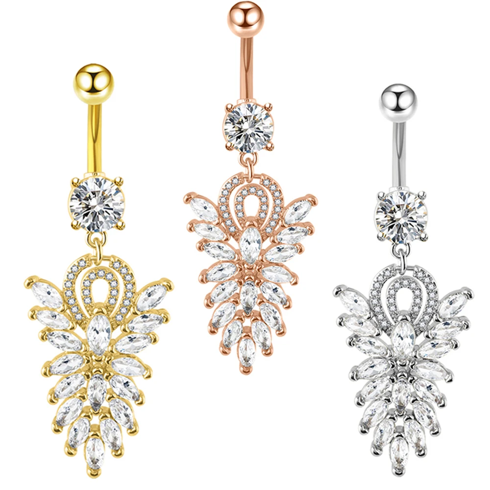 

TIANCIFBYJS Surgical Steel Crystal Zircon Flower Heart Leaf bow-knot Dangle Button Navel Piercing Ring Belly Ring Body Jewelry