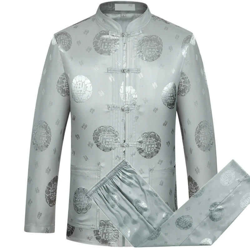 Gray Chinese Dragon Men's Tang Suit Sets Long Sleeve Shirt Long Pants Dragon Kung Fu Suit High Quality Silk Wu Shu Tai Chi Sets