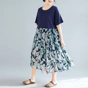 

[EWQ] 2020 Spring Summer New Arrivals O-neck Short Sleeve Patchwork Print Pattern Fake Two Loose Casual Women Dress AW27405