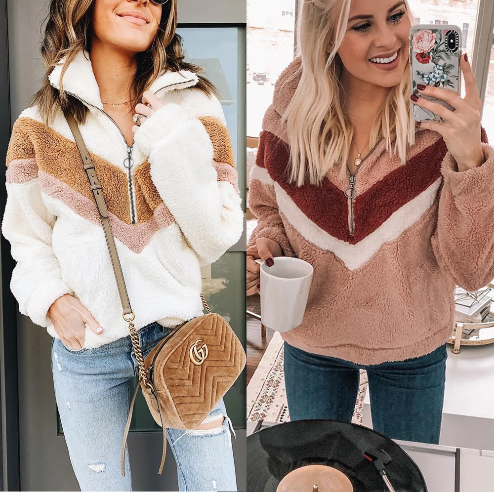 

2019 Winter New Womens Warm Teddy Bear Fleece Zip Outwear Overcoat Jumper Top Pullover Blouse Fashion