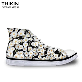 

THIKIN Small Daisy Pattern 3D Flowers High Top Leisure Canvas Shoes for Women Fashion Spring Vintage High-top Vulcanize Shoes