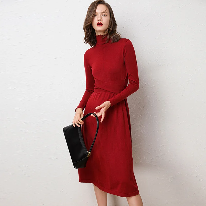 

19 Autumn And Winter Korean New Mid-length Sweater Dress Women's High Collar Solid Color Knit Base Skirt Waist Hugging over-the-
