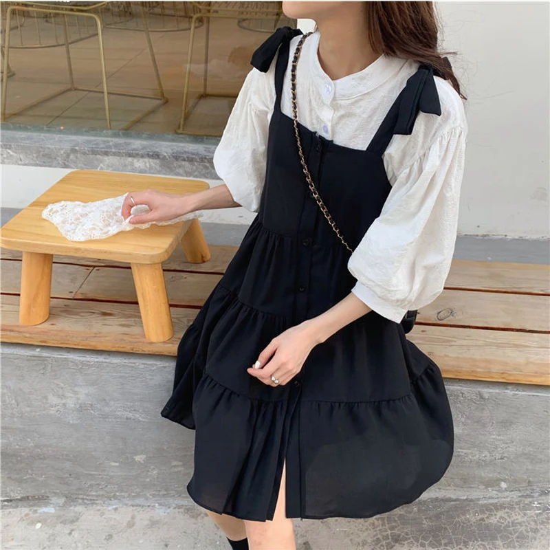 2 Piece Sets Casual Dress Solid Puff Sleeve Shirts Ruffles A-line Loose Kawaii Korean Style Fashion Dresses 2021 Autumn New Kpop 2023 summer maternity dress ruffles patchwork puff sleeve o neck faux two pieces adjustable waist pregnant woman striped dresses
