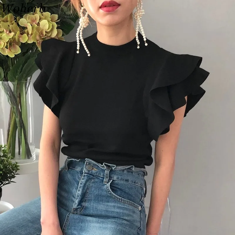 Woherb-Tops tejidos para mujer, suéter de manga corta con volantes, ropa coreana elegante, prendas de vestir, Tops de verano y otoño, 2021