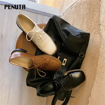 

2020 PENUTA Brand Genuine Leather Lace Up Brogue Shoes Med Heel Vintage Shoes Embossed Leather Fashion Pumps Beige Black G0130