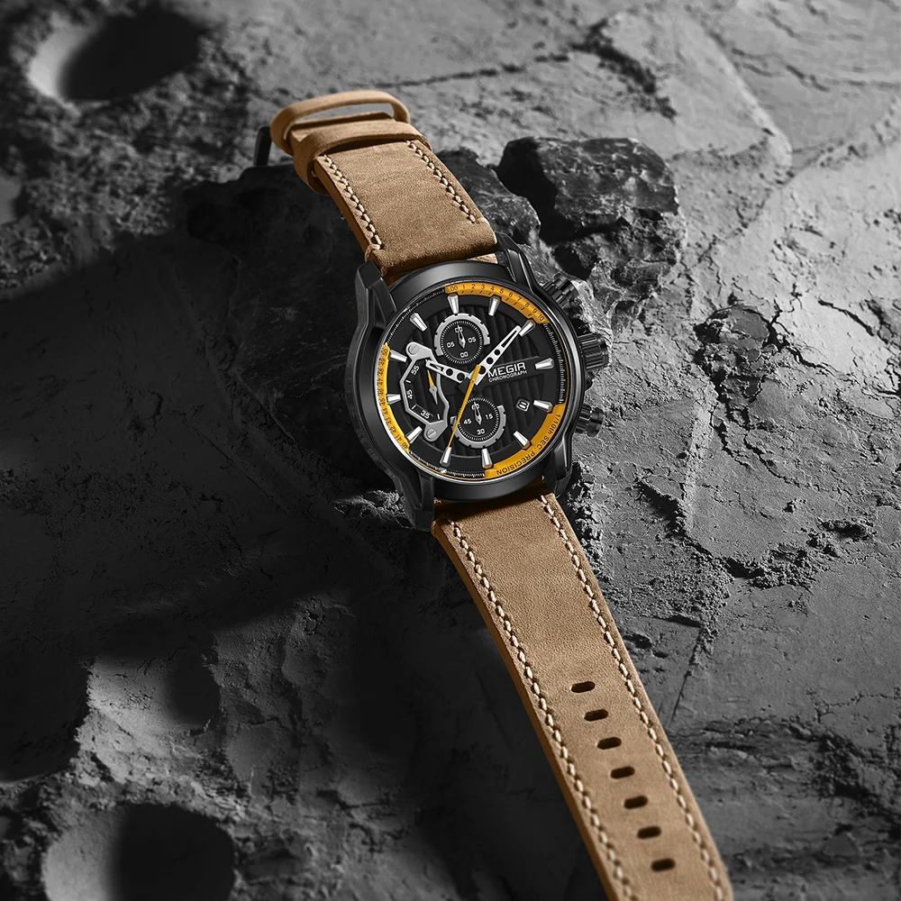 Megir New Fashion Mens Watches Waterproof Luminous Sports Wrist Watch Man Leather Chronograph Quart-5
