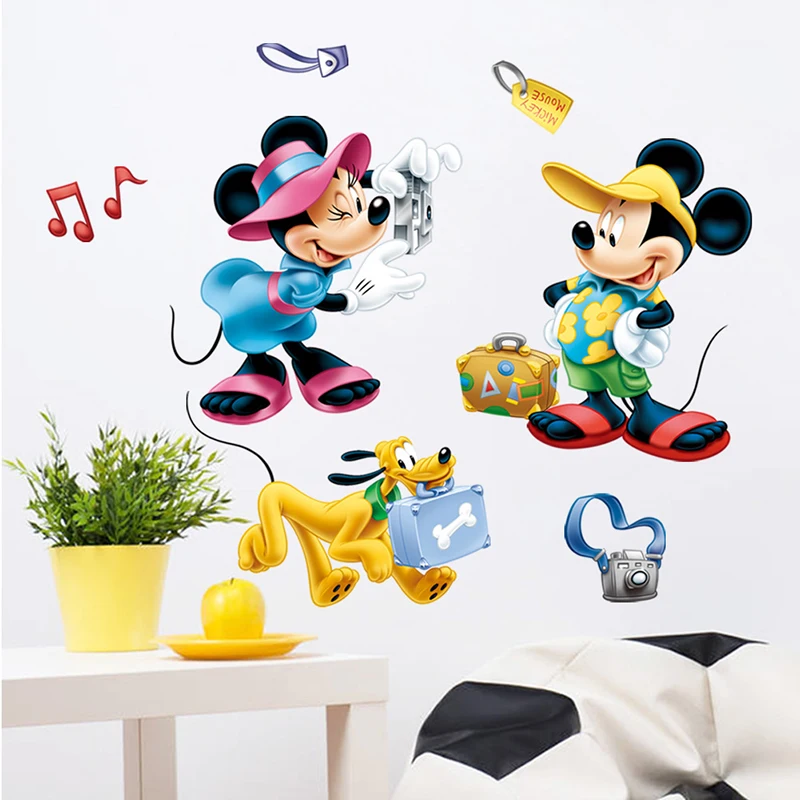 Cartoon Disney Mickey Minnie Pluto Take A Photograph Wall Stickers For Kids Rooms Home Decor Wall Decals Pvc Mural Art Wallpaper