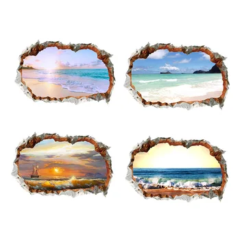 

Fanxi products 3D broken hole landscape wall sticker ocean beach decorative painting home background wall waterproof sticker