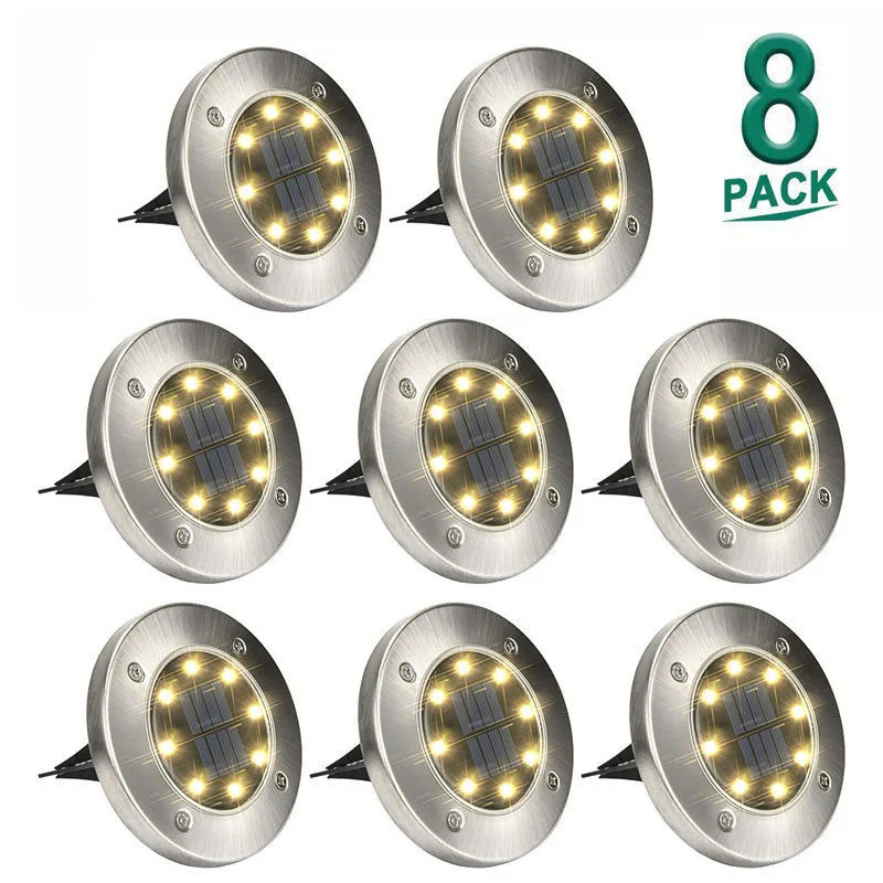 

2/3/7/8 PCS 8 LED Solar Ground Lights Stainless Outdoor Waterproof Disk Lights Solar Landscape Lights for Garden Path Lawn Patio