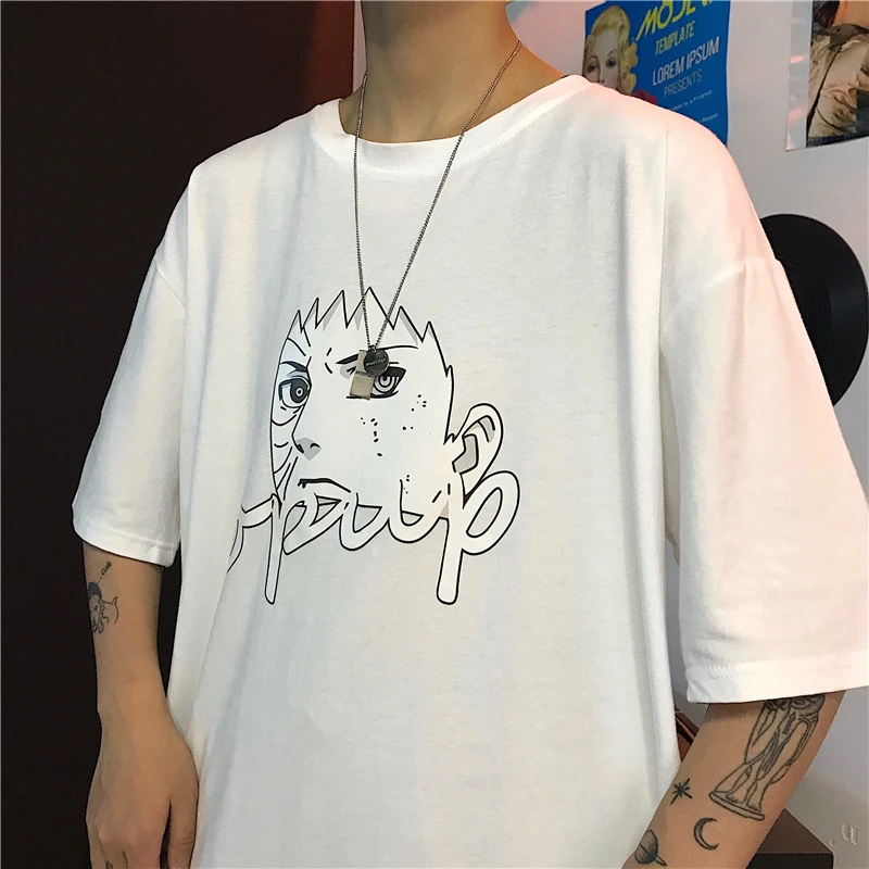 Хлопок, принт "Наруто", Harajuku, плюс размер, летняя футболка, короткий рукав, harajuku, негабаритная одежда,, аниме, пара, модный топ