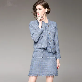 

HAMALIEL Designer Winter Tweed 2 Piece Set Women Blue Plaid Tassel Jacket Coat And Vest Woolen Pocket Bodycon Dress Skirt Set