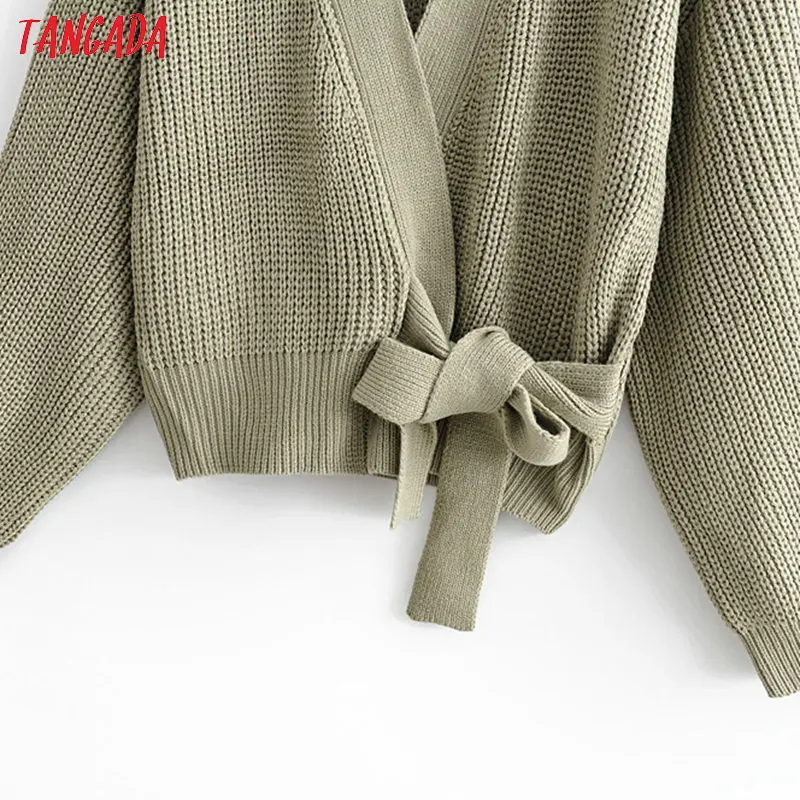 Tangada женский элегантный однотонный кардиган, винтажный джемпер с поясом, женский модный вязаный кардиган большого размера QJ137