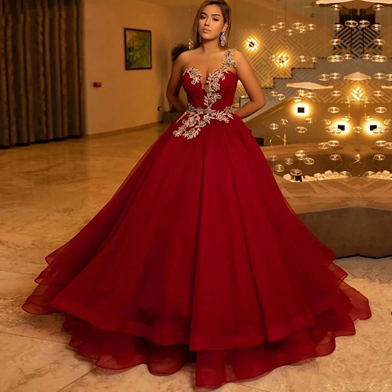 Eightale Burgundy Evening dresses Plus size One shoulder Long Lace Appliques Formal dress Ball gown Party Evening gowns 2020