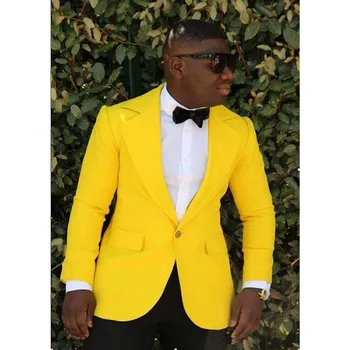 

Fashion Terno Masculino Costume Homme Plus Size Men Suits Yellow Notch Lapel One Button Tuxedos 2 Pieces (Jacket+Pants)