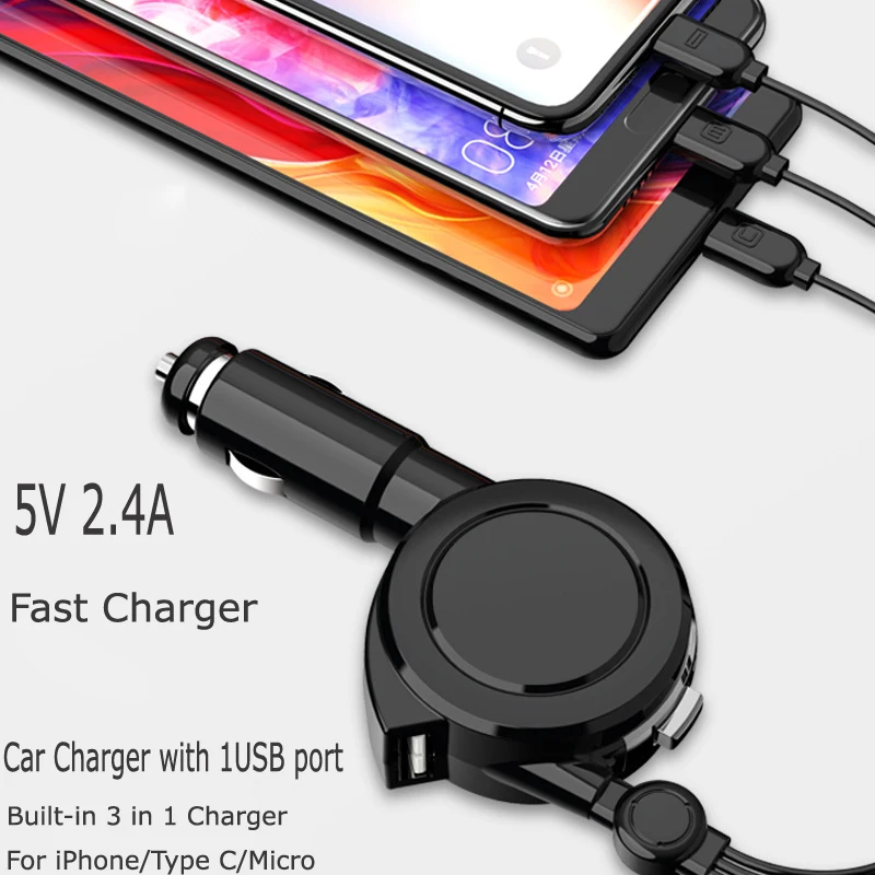 3 в 1 USB Автомобильное зарядное устройство для iphone xs samsung S10 автомобильное зарядное устройство Micro usb type C кабель Быстрая быстрая зарядка для Xiaomi huawei