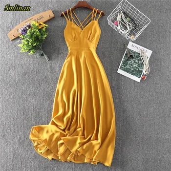 

Smlinan Women Summer Bohemian Beach Long Dress V Neck Sleevless Spaghetti Strap Backless Sexy Club Vintage Evening Party Dresses