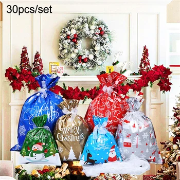 

30Pcs/set S M L Drawstring Christmas Gift Bags Favor Party Bags Candy Empty Bag Wrapping Bag+ 30pcs Ribbons Storage Capacity