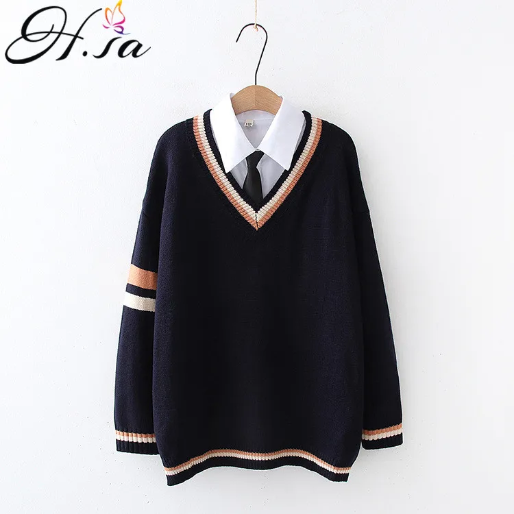 H.SA Korean Japanese Style 2 Pieces Sweater Suit 2020 V neck Pull Jumpers With Blouses Tied College Oversized | Женская одежда