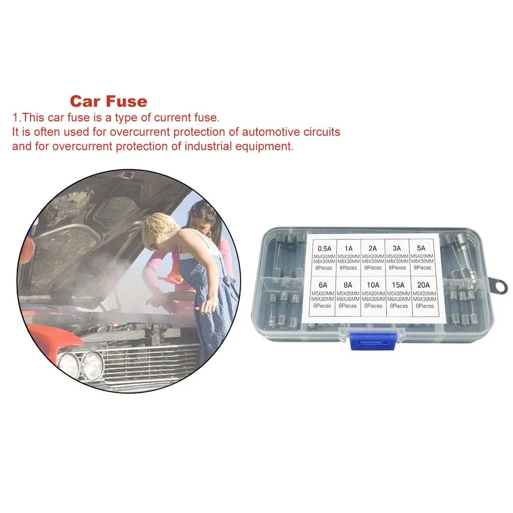 60PCS Fast Blow Fuse Glass Tube Fuse Assorted Mixed Kit Insurance Tube 5x20mm 6x30mm 0.5A/1A/2A/3A/5A/6A/8A/10A/15A/20A Sale
