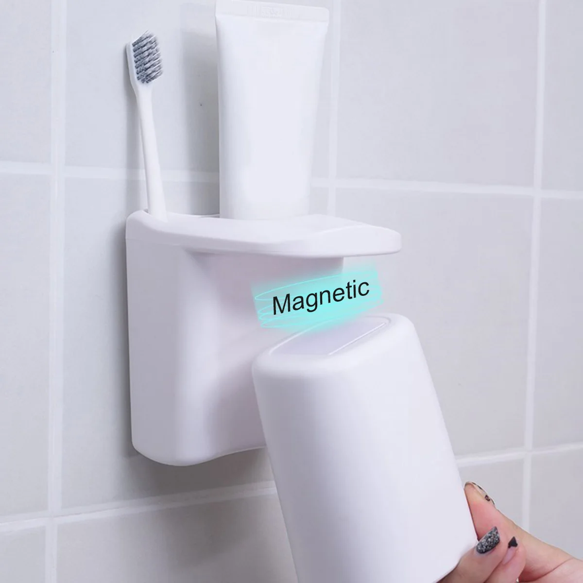 Wall Mount Magnetic Plastic Toothbrush Holder with Cups in Bathroom Storage Rack Nail Free Mount gray white black khaki