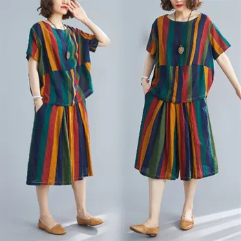 

cotton linen plus size vintage summer casual 2 two piece set loose tops shirt women t-shirt ladies tshirt + knee lenght wide leg