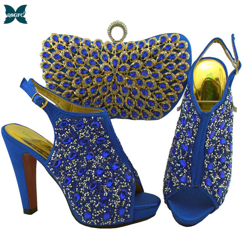 

2020 Newest Fashion Ladies Shoes and Bag Set Women Italian design Royal Blue Shoes with Matching Bags Set Decorated with Stone