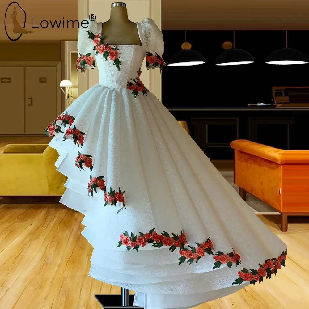 

White Asymmetric Square Neck Evening Dresses Short Bubble Sleeves Applique Jacquard Evening Gowns Pageant Formal Dress