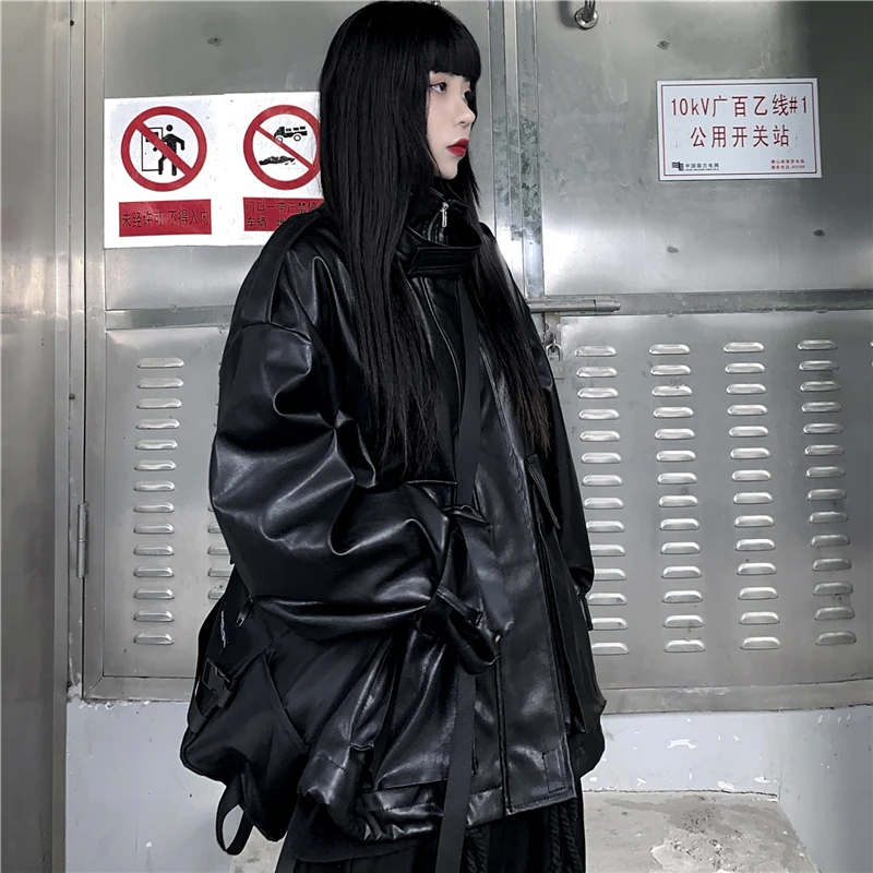 Neploe Harajuku ретро куртка из искусственной кожи Осень Зима корейское женское и мужское пальто черный хип-хоп Повседневная Верхняя одежда на молнии с воротником-стойкой 55783