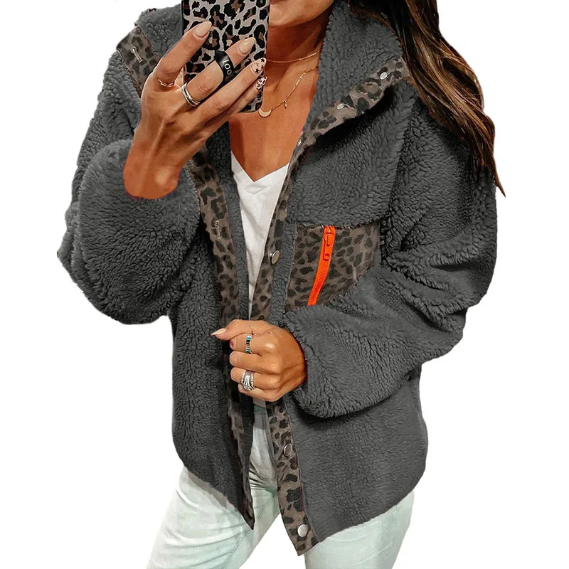 

Autumn Winter Jacket Leopard Print Female Coat Soft Fleece 2019 Warm Coat Women Casual Jacket Zipper Pockets Outerwear GV143