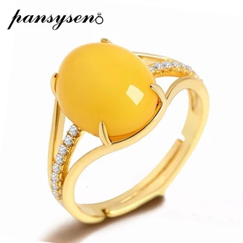 

PANSYSEN Top Quality 18K Gold Color Created Amber Real 925 Sterling Silver Jewelry Rings for Women Adjustable Open Party Ring