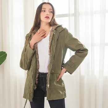 

Cotton Coat Pockets Thick Parka Women Medium Long Hooded Coat Zip-up Fur Liner Detachable Ladies Belt Warm Winter Jackets
