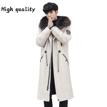 Günstig Parka Lange Echtpelz Mantel Männer Winter Jacke Natürliche Kaninchen Pelz Liner Waschbären Pelz Kragen Parkas Hombre 2020