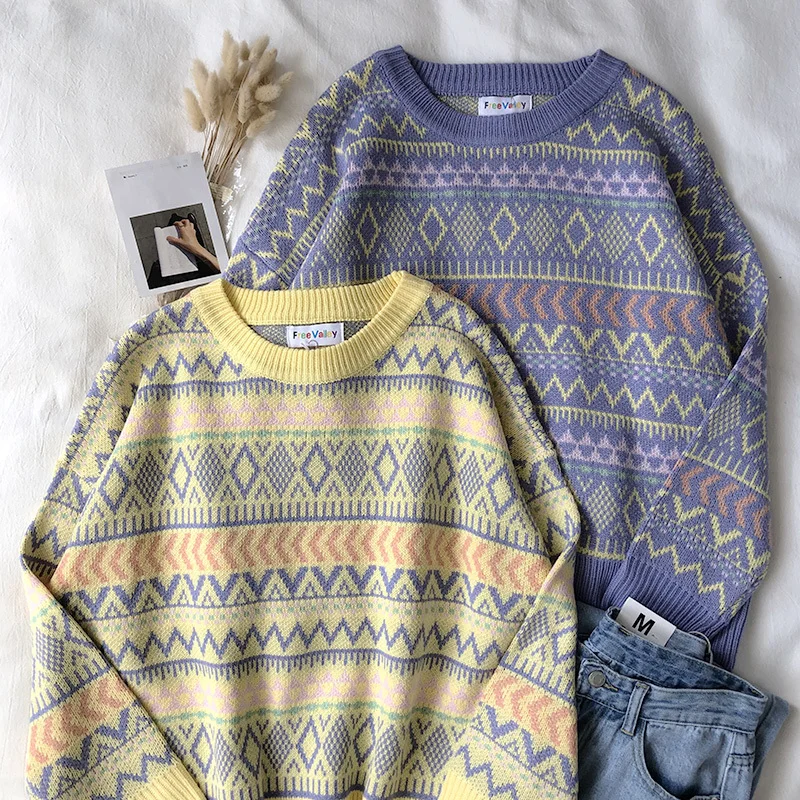 Mooirue осень Для женщин свитер с длинными рукавами цвет желтый, синий; размеры 34–43 Романтический жаккардового переплетения вышивка свитер для бабушки джемпер