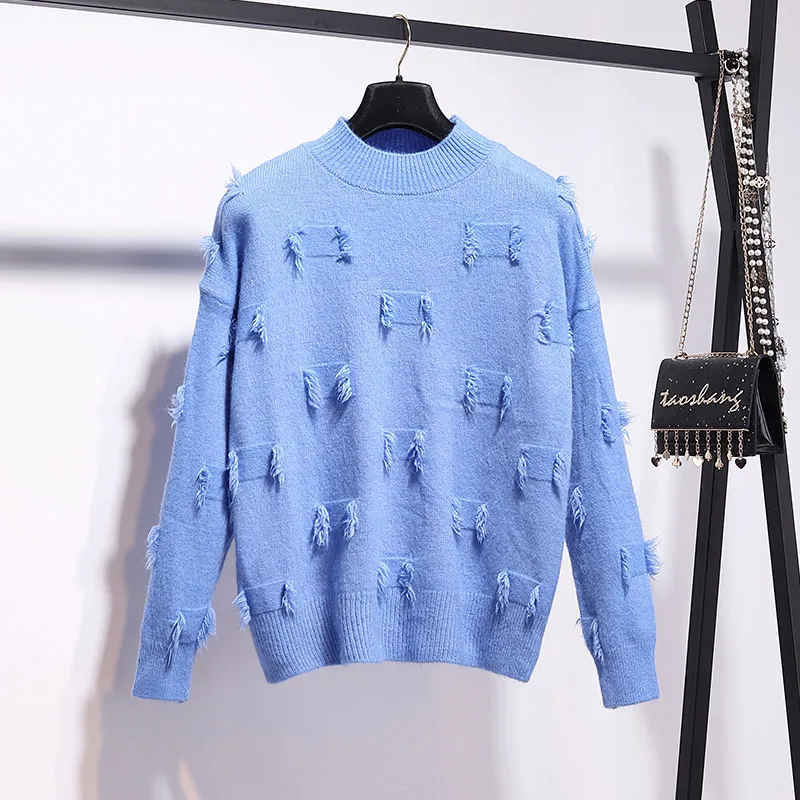 Blue Sweater Trytree осенне-зимний комплект из двух предметов, повседневный однотонный Свободный Топ с круглым вырезом и кисточками+ штаны с карманами на завязках, офисный Женский комплект из 2 предметов - Цвет: Blue Sweater