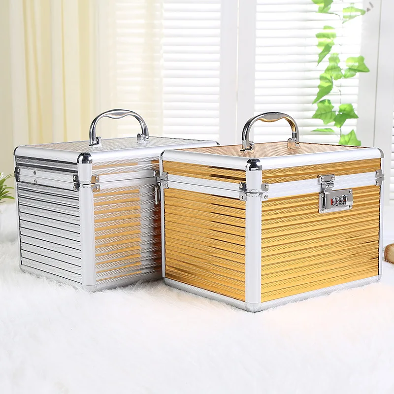 

Large Capacity Waterproof Cosmetic Case Aluminum Alloy with Password Lock Mirror Cosmetic Bag Makeup Storage Tin Box Organizer