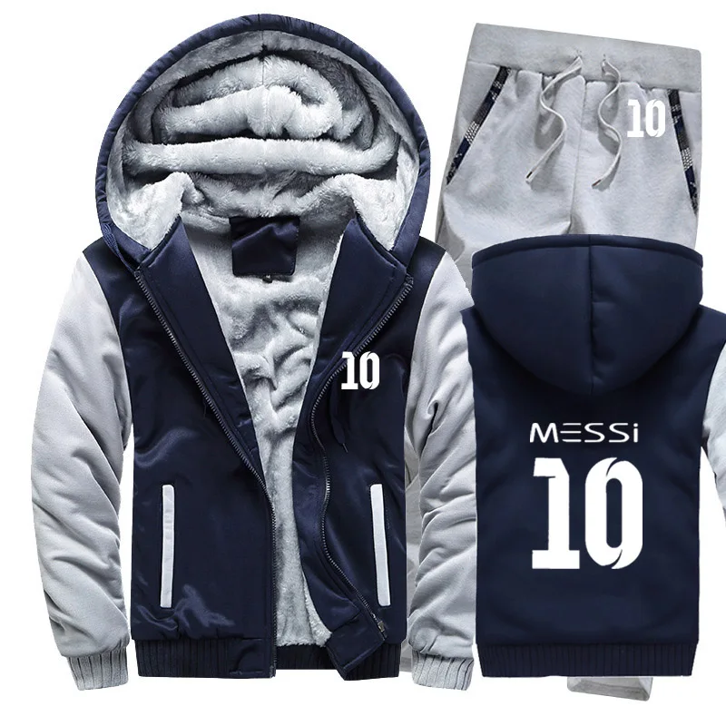 Зимняя мужская толстовка с капюшоном Messi 10 принт мужские s толстовки костюм толстый теплый флис хлопок спортивный костюм на молнии мужская куртка+ брюки комплекты из 2 предметов